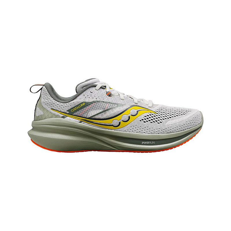 Side view on white background of Mens Saucony Omni 22 running shoe in Fog/Bough, Medium (Regular) width