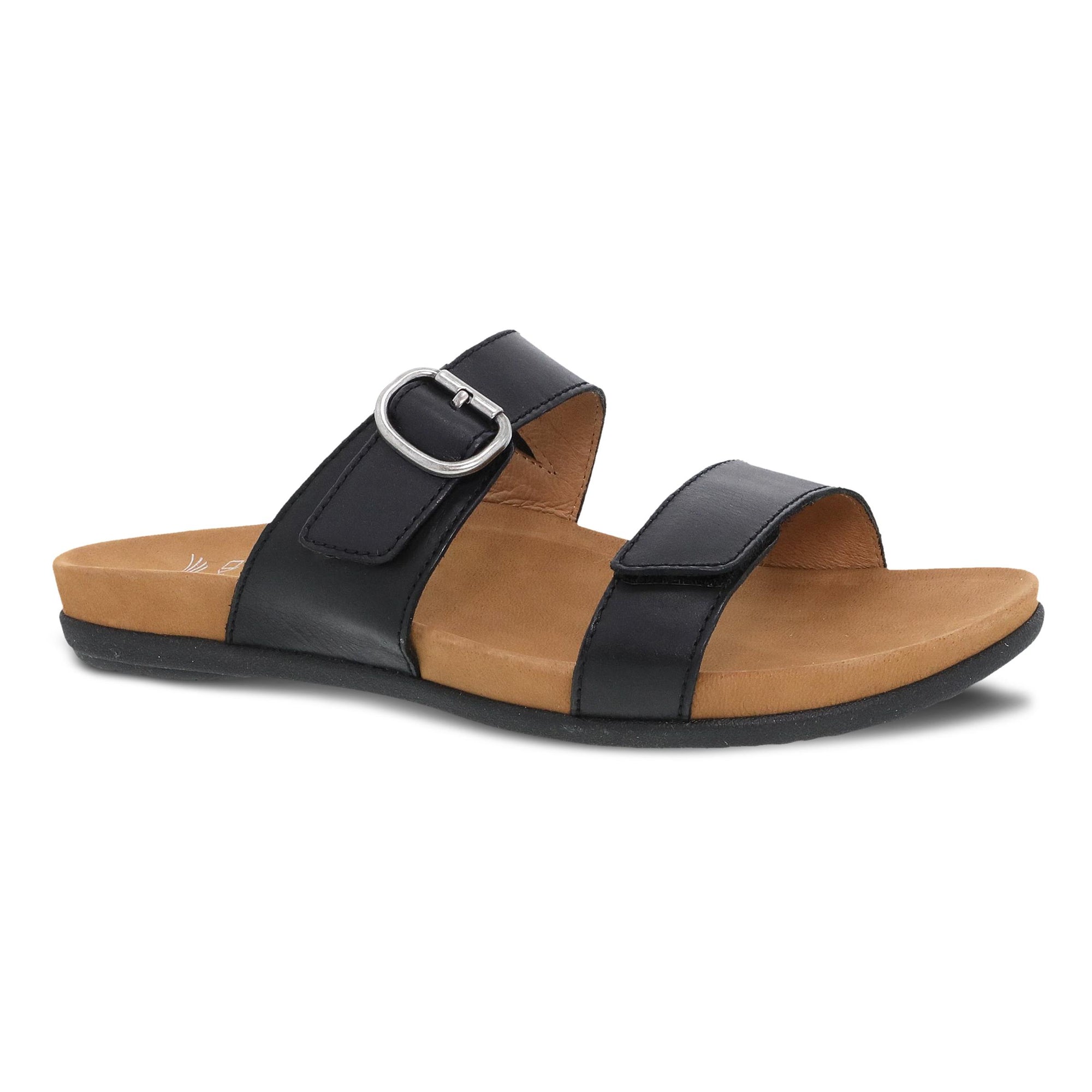 Side view on white background of Womens Dansko Justine running shoe in Black Calf, Medium (Regular) width
