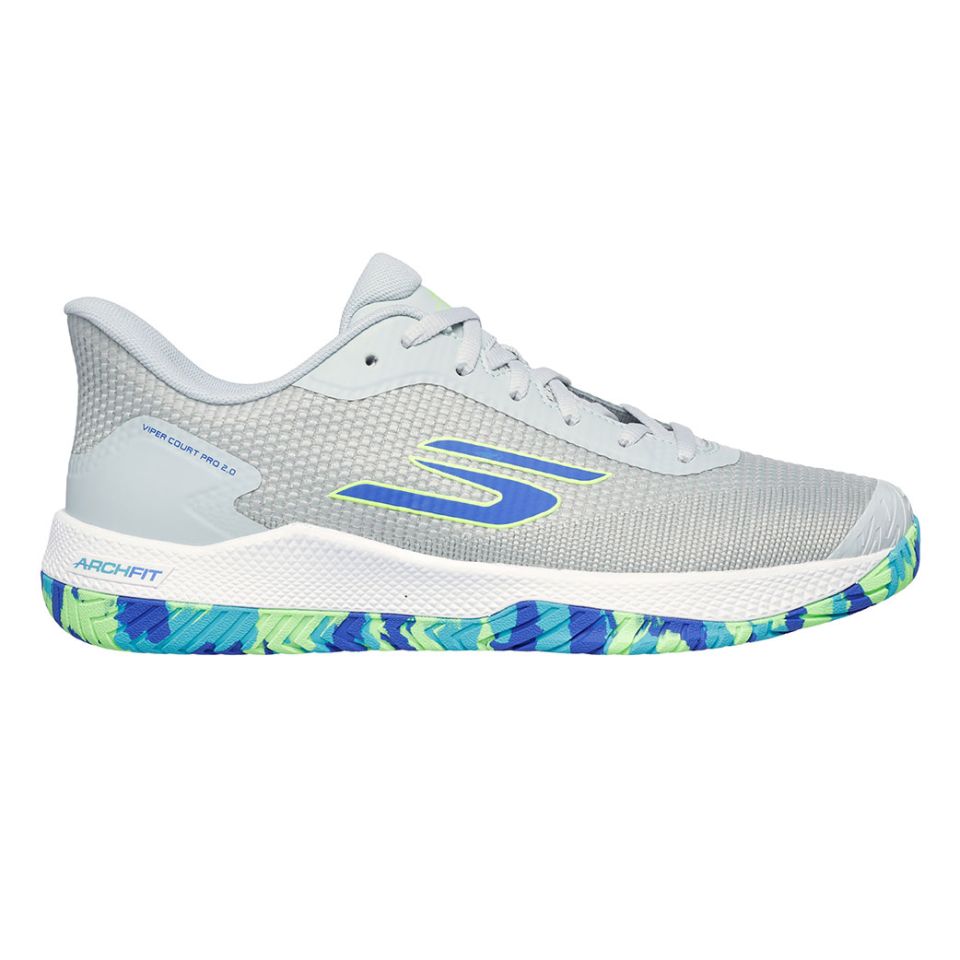 Side view on white background of Mens Skechers Viper Court Pro 2.0 running shoe in Gray, Medium (Regular) width