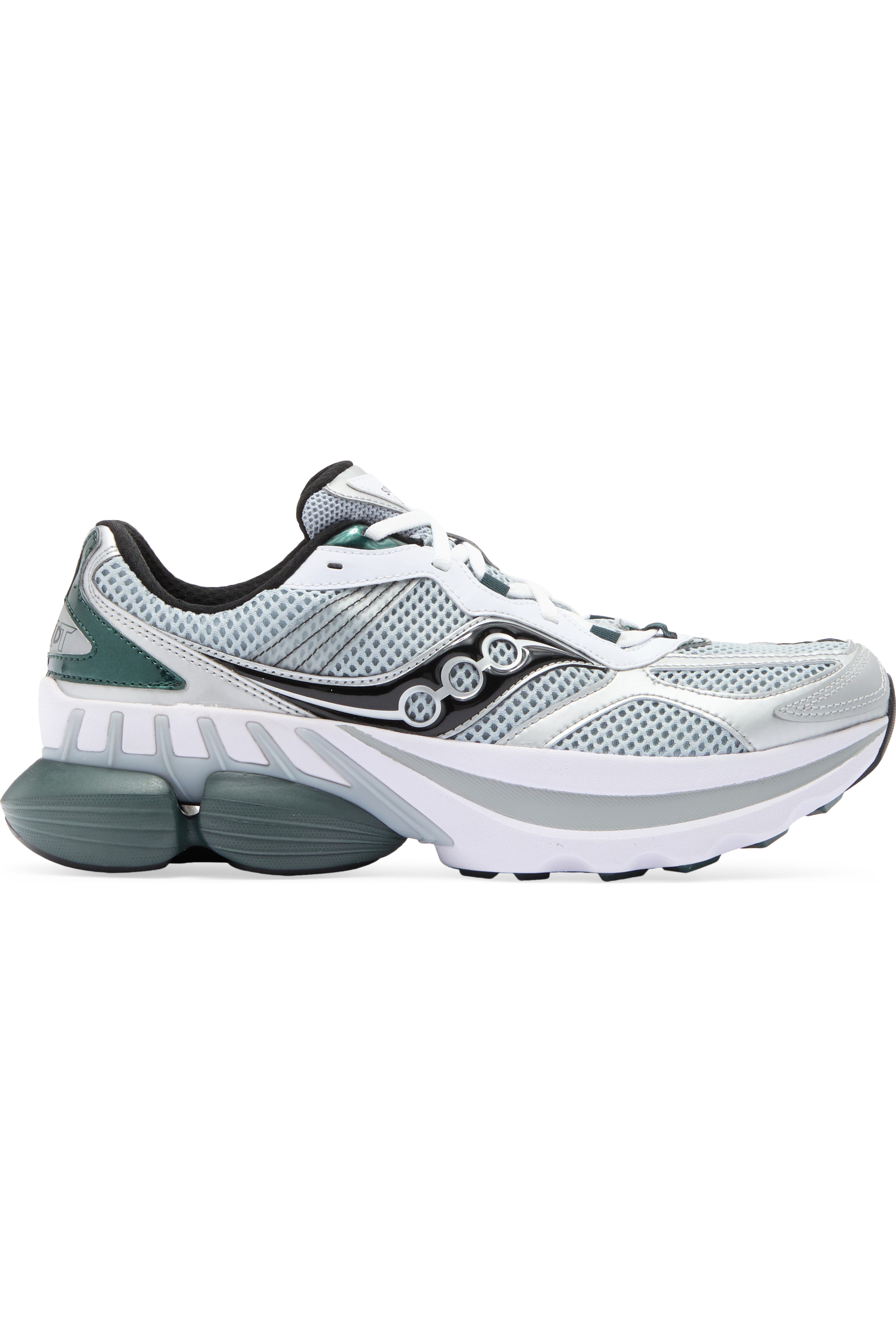 Side view on white background of Mens Saucony Grid NXT running shoe in Silver/Green, Medium (Regular) width
