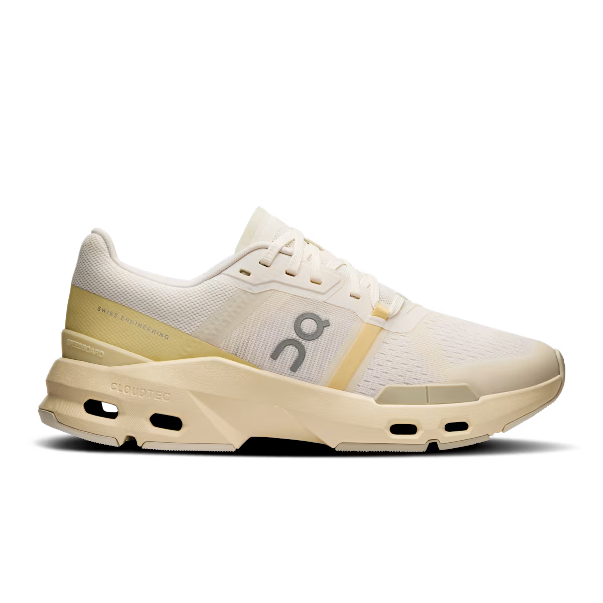 Side view on white background of Womens On Cloudpulse running shoe in Ivory/Tumeric, Medium (Regular) width