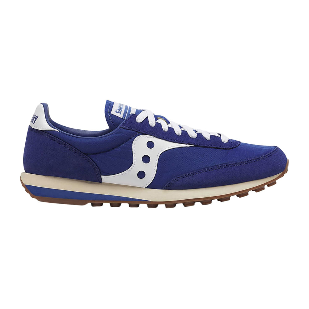 Side view on white background of Womens Saucony Trainer 80 running shoe in Royal/White, Medium (Regular) width