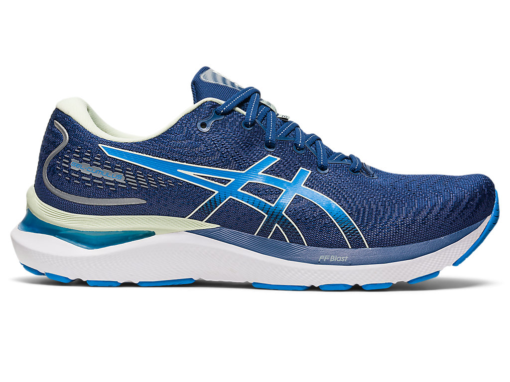 Side view on white background of Mens Asics Gel-Cumulus 24 running shoe in Midnight Blue/Azul Blue, Medium (Regular) width