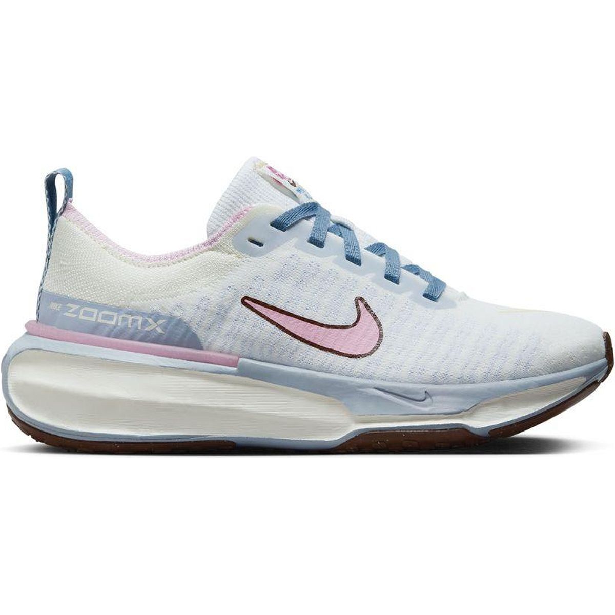 Side view on white background of Womens Nike React Infinity Run Flyknit 3 running shoe in Sail Blue/Soft Pink, Medium (Regular) width