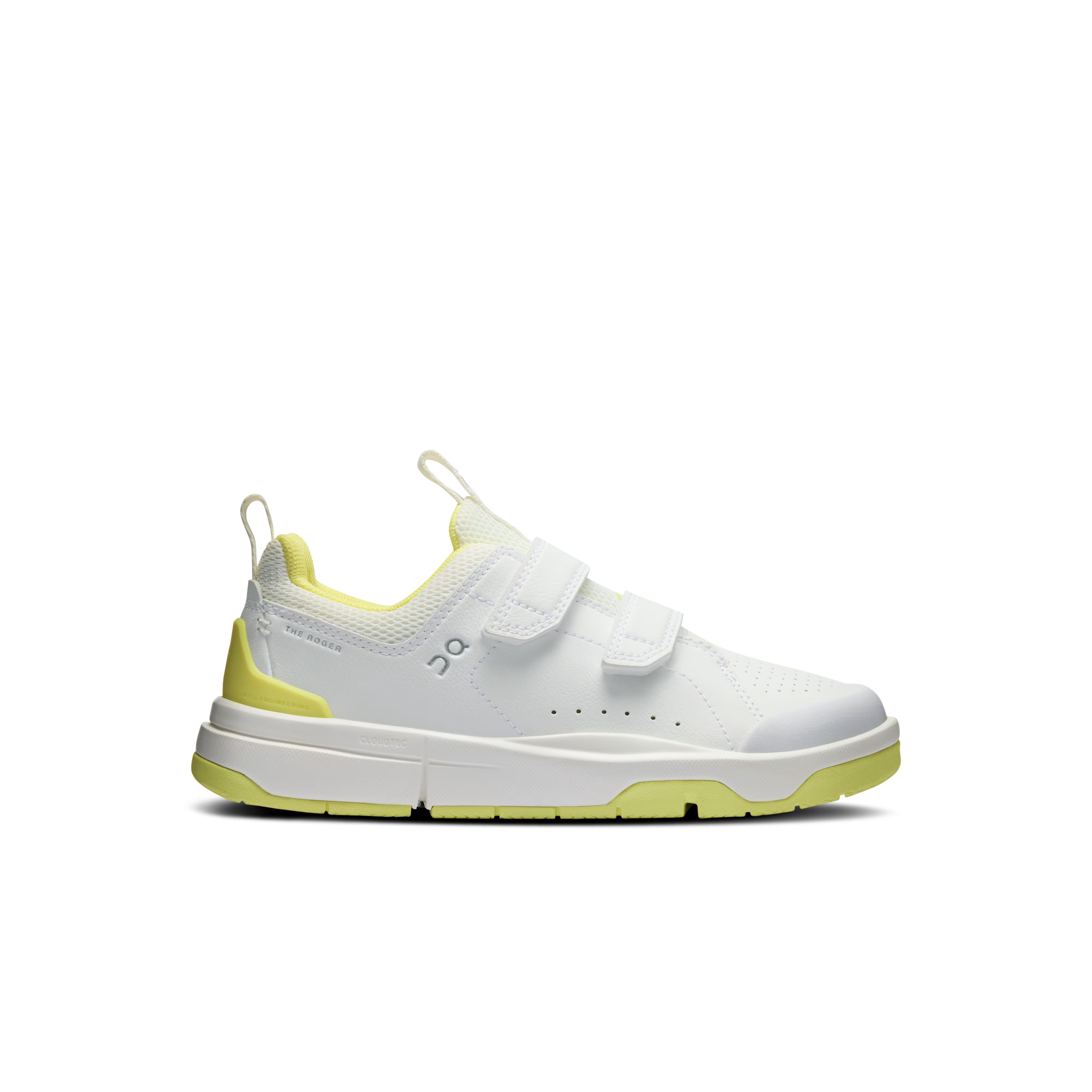 Side view on white background of Kids On The Roger running shoe in White/Limelight, Medium (Regular) width