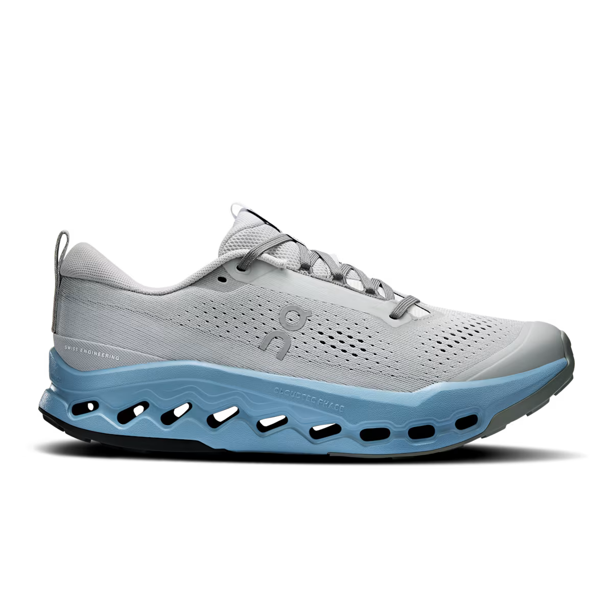 Side view on white background of Mens On Cloudsurfer Trail 2 running shoe in Rock/Niagara, Medium (Regular) width