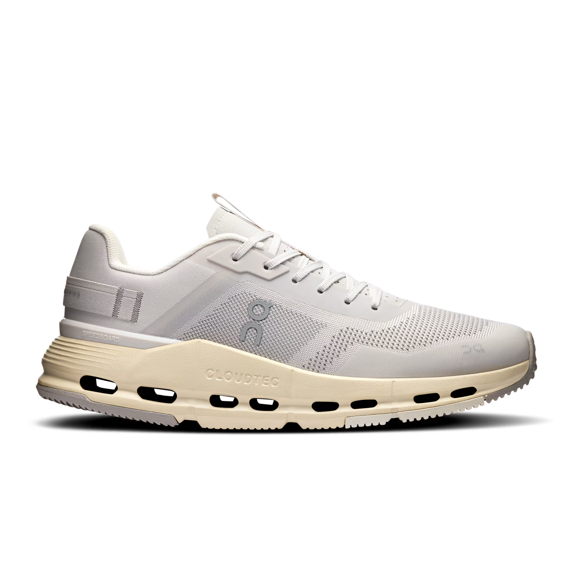 Side view on white background of Womens On Cloudnova Form 2 TT running shoe in Wolf/Cream, Medium (Regular) width