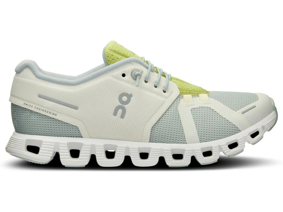 Side view on white background of Womens On Cloud 5 Push running shoe in Glacier/Zest, Medium (Regular) width
