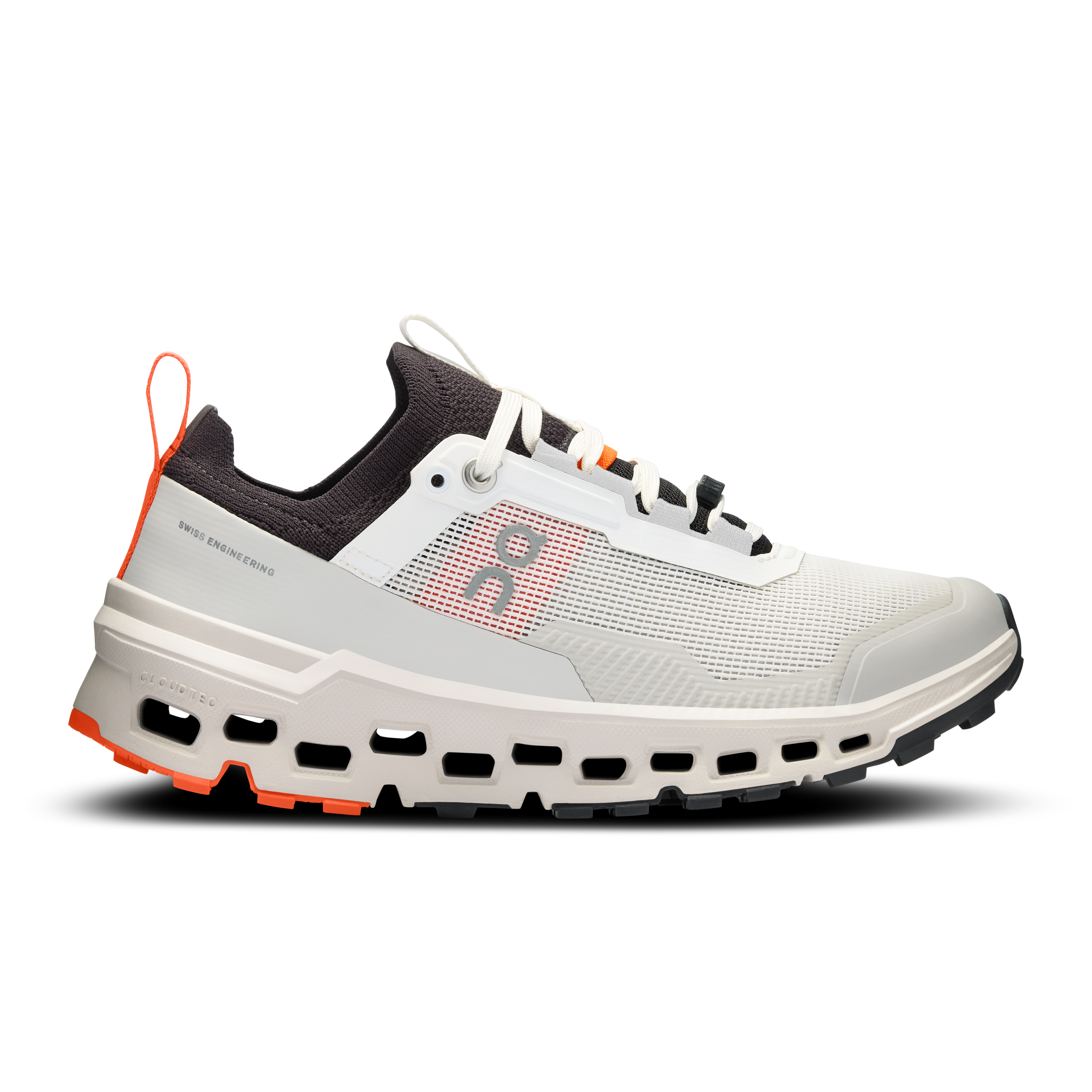 Side view on white background of Womens On Cloudultra 2 running shoe in White/Wolf, Medium (Regular) width
