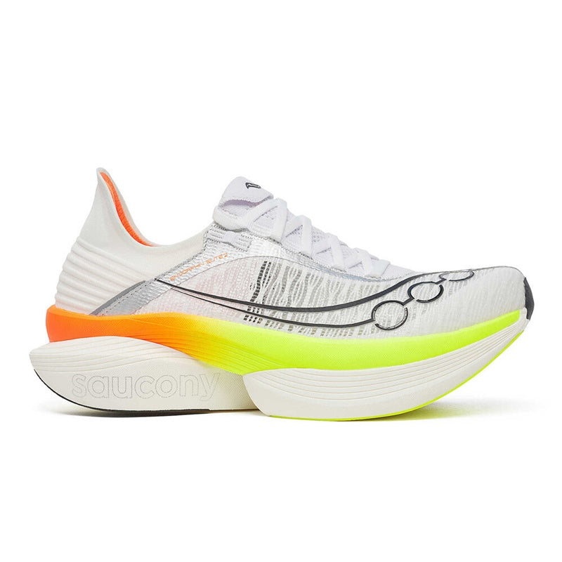 Side view on white background of Womens Saucony Endorphin Elite 2 running shoe in White/Vo2, Medium (Regular) width