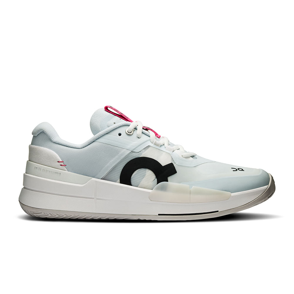 Side view on white background of Womens On The Roger Pro 2 running shoe in Arctic/Pink, Medium (Regular) width