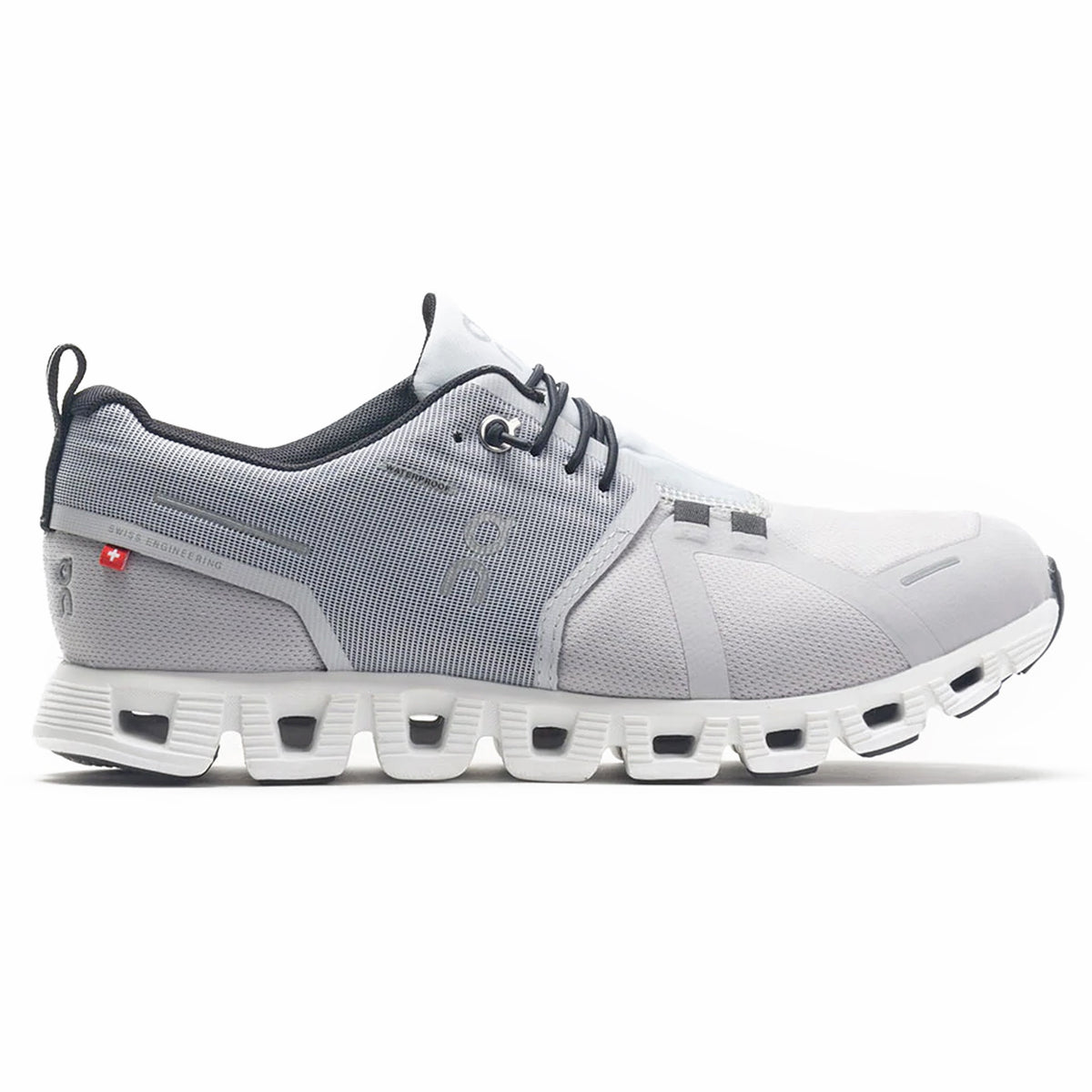 Side view on white background of Mens On Cloud 5 Waterproof running shoe in Glacier/White, Medium (Regular) width