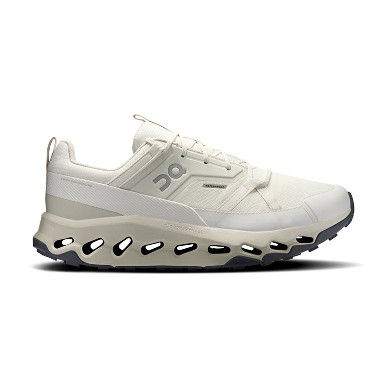 Side view on white background of Mens On Cloudhorizon Waterproof running shoe in Ghost/Ivory, Medium (Regular) width