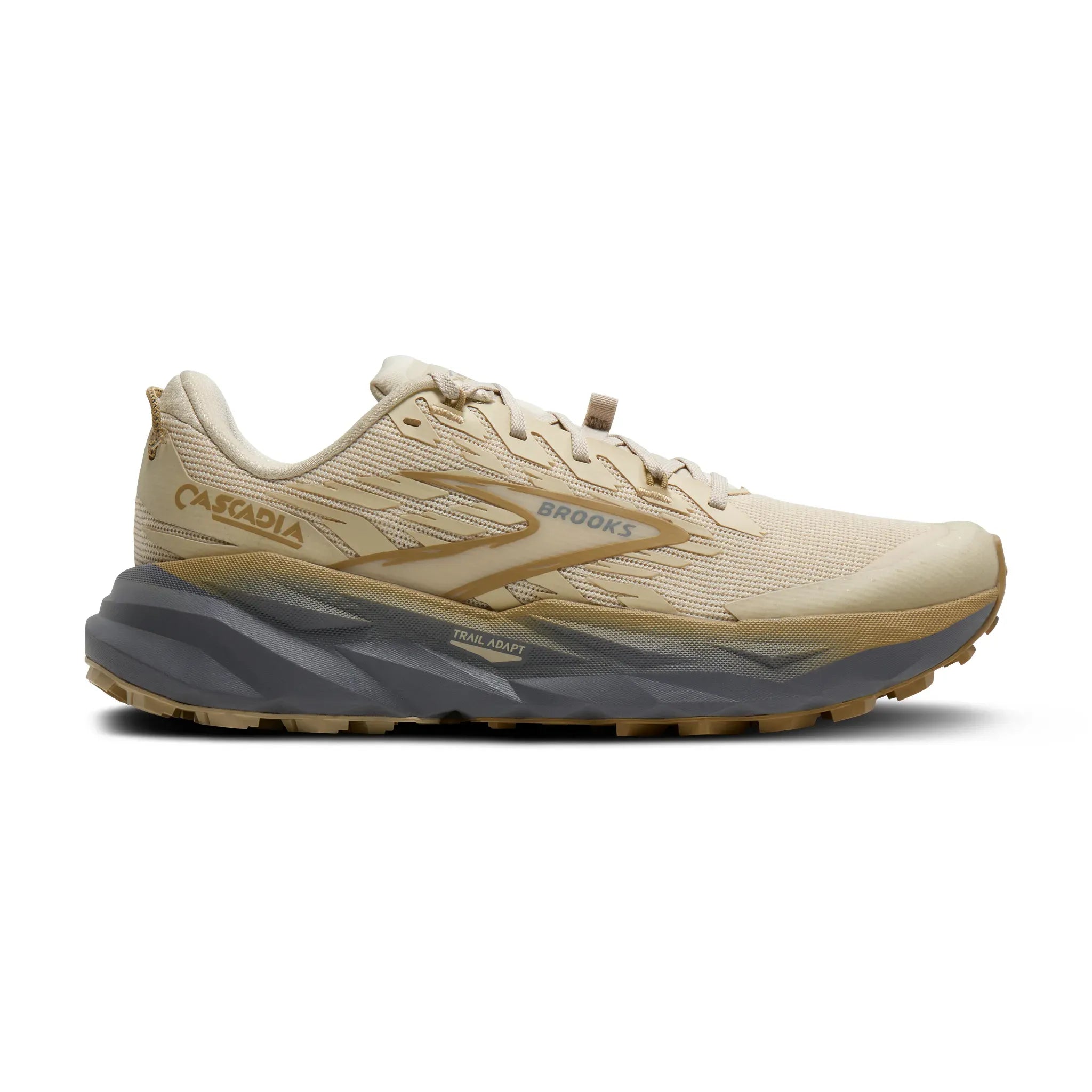 Side view on white background of Womens Brooks Cascadia 19 running shoe in Sand/Primer/Starfish, Medium (Regular) width