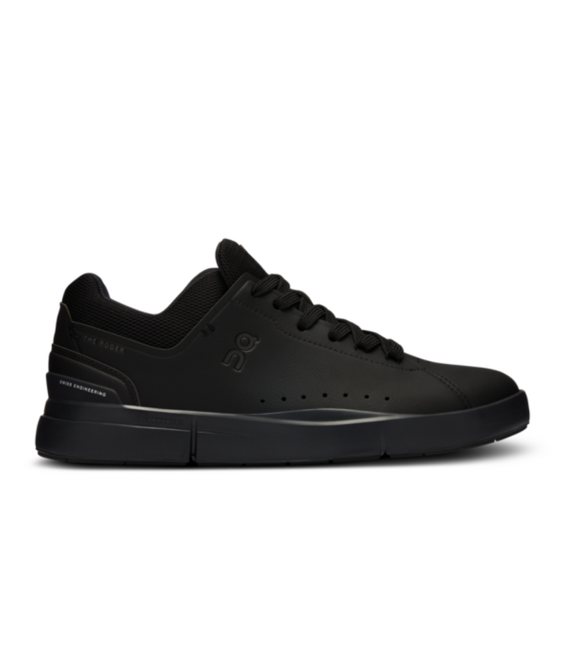 Side view on white background of Womens On The Roger Advantage 2 running shoe in All Black, Medium (Regular) width