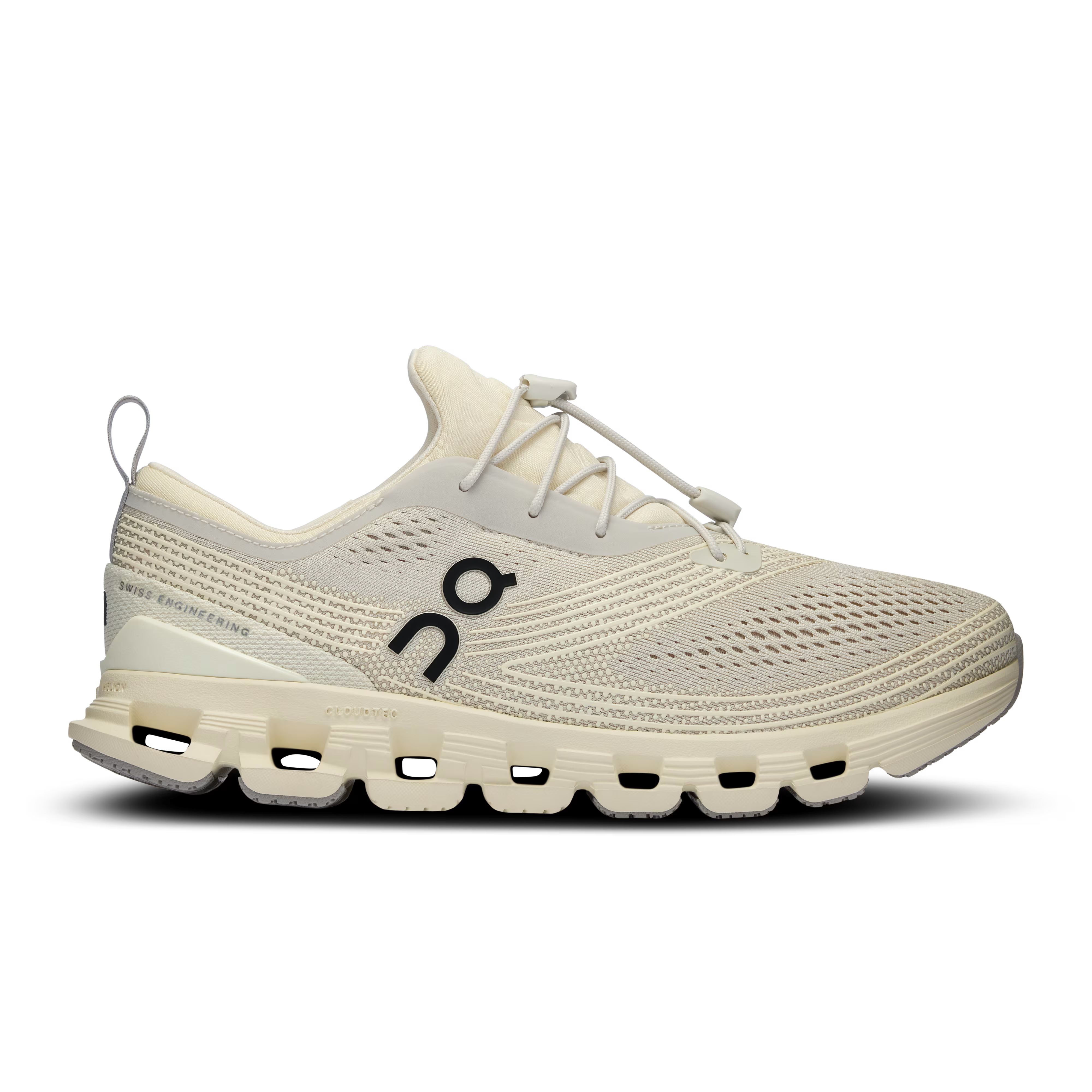 Side view on white background of Womens On Cloud X Z5 running shoe in Ice/Cream, Medium (Regular) width