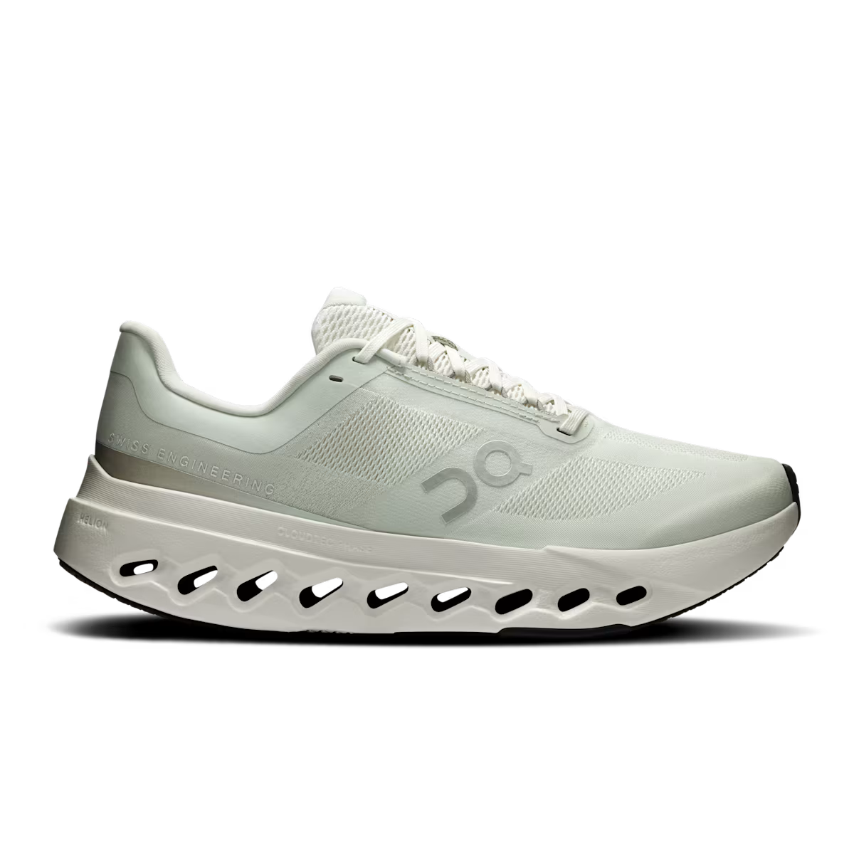 Side view on white background of Womens On Cloudsurfer Next running shoe in Iceberg/Iceberg, Medium (Regular) width