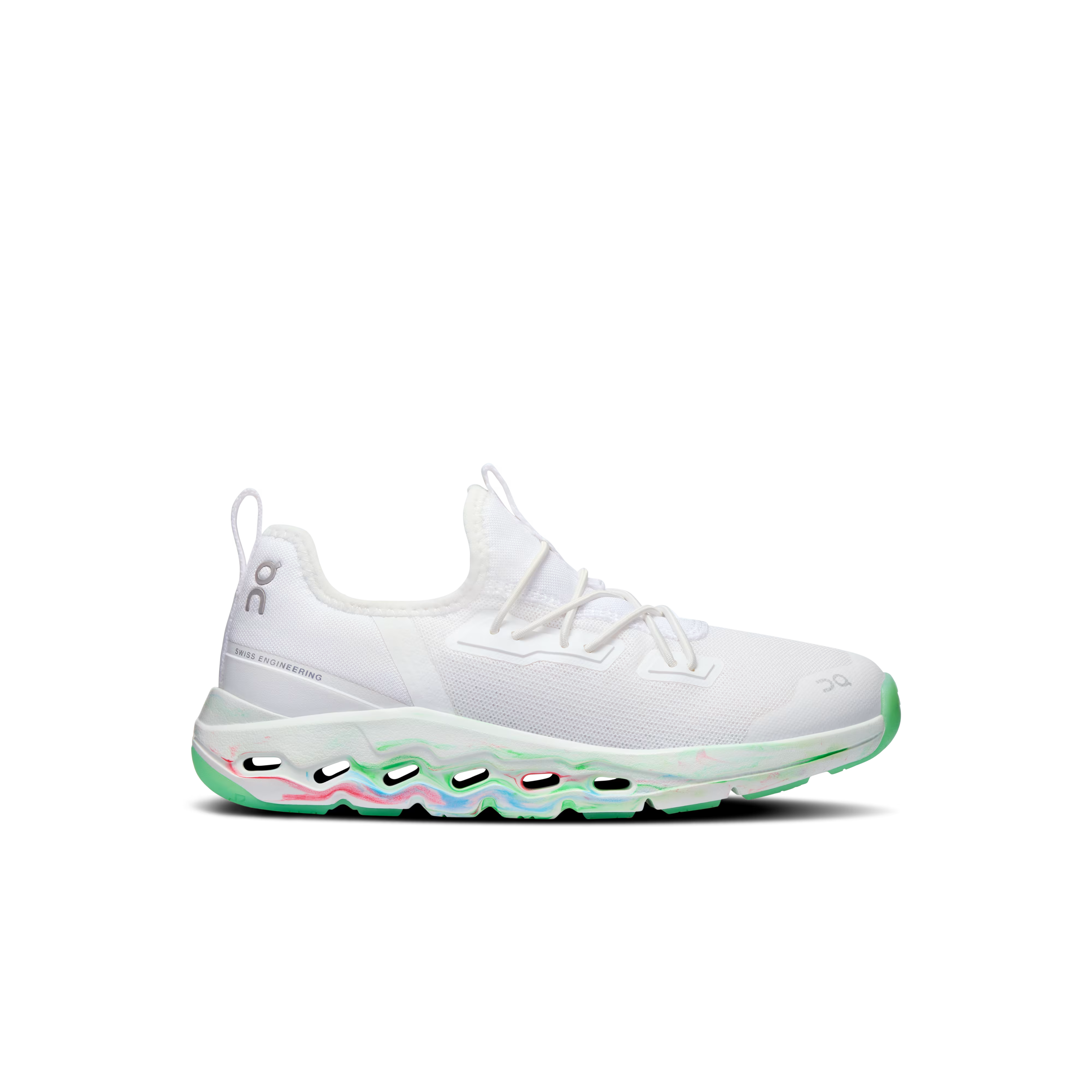 Side view on white background of Kids On  shoe in White/Red, Medium (Regular) width