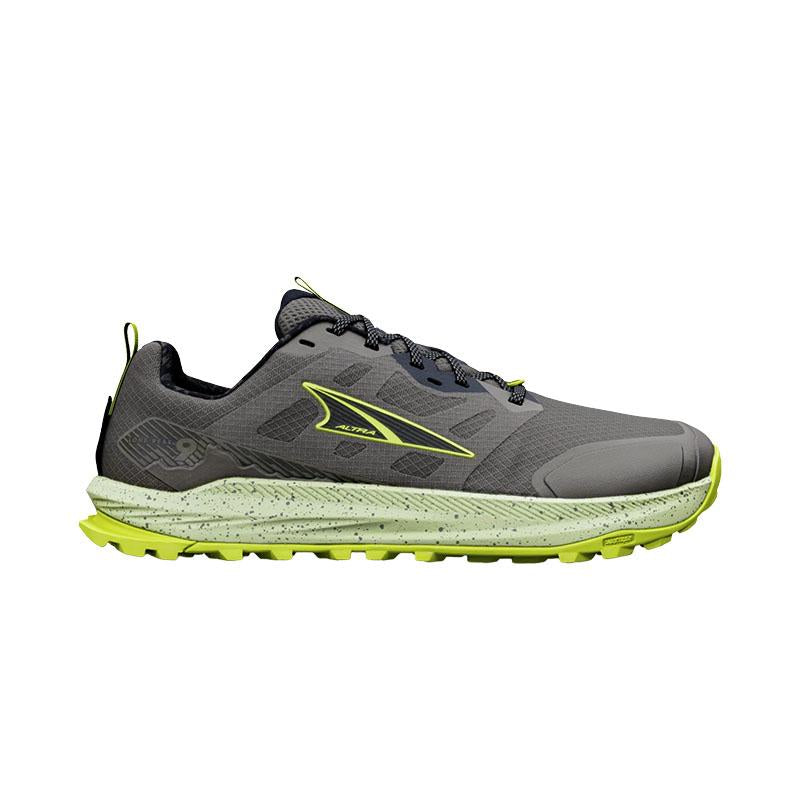 Side view on white background of Mens Altra Lone Peak 9 running shoe in Dark Gull Gray/Black/Lime, Medium (Regular) width