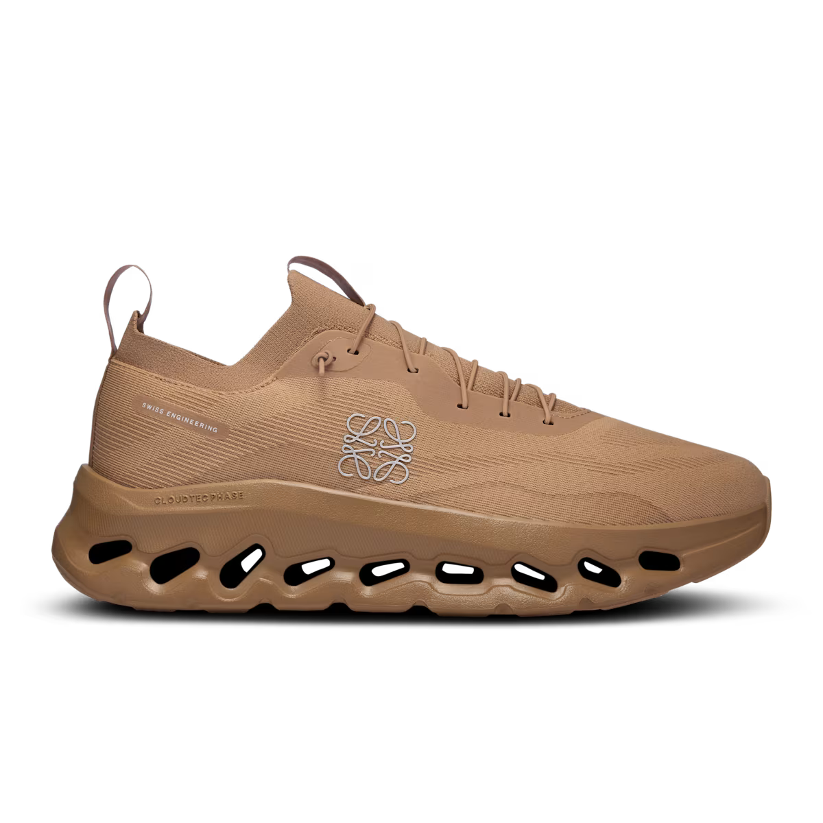 Side view on white background of Mens On Cloudtilt Loewe running shoe in Dark Sand, Medium (Regular) width