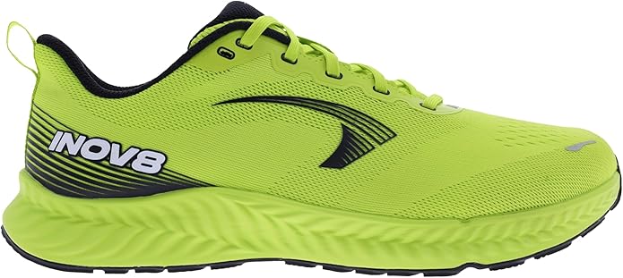 Side view on white background of Mens Inov8 Roadfly running shoe in Lime/Black/White, Medium (Regular) width