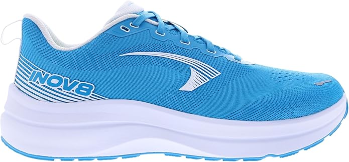 Side view on white background of Mens Inov8 Roadfly Max running shoe in Blue, Wide width