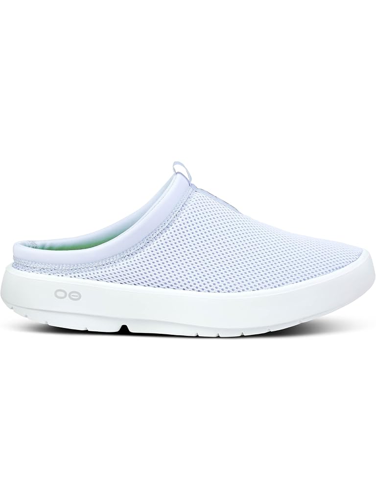 Side view on white background of Womens OOFOS OOcoozie Sport Mule running shoe in Purple Jade, Medium (Regular) width