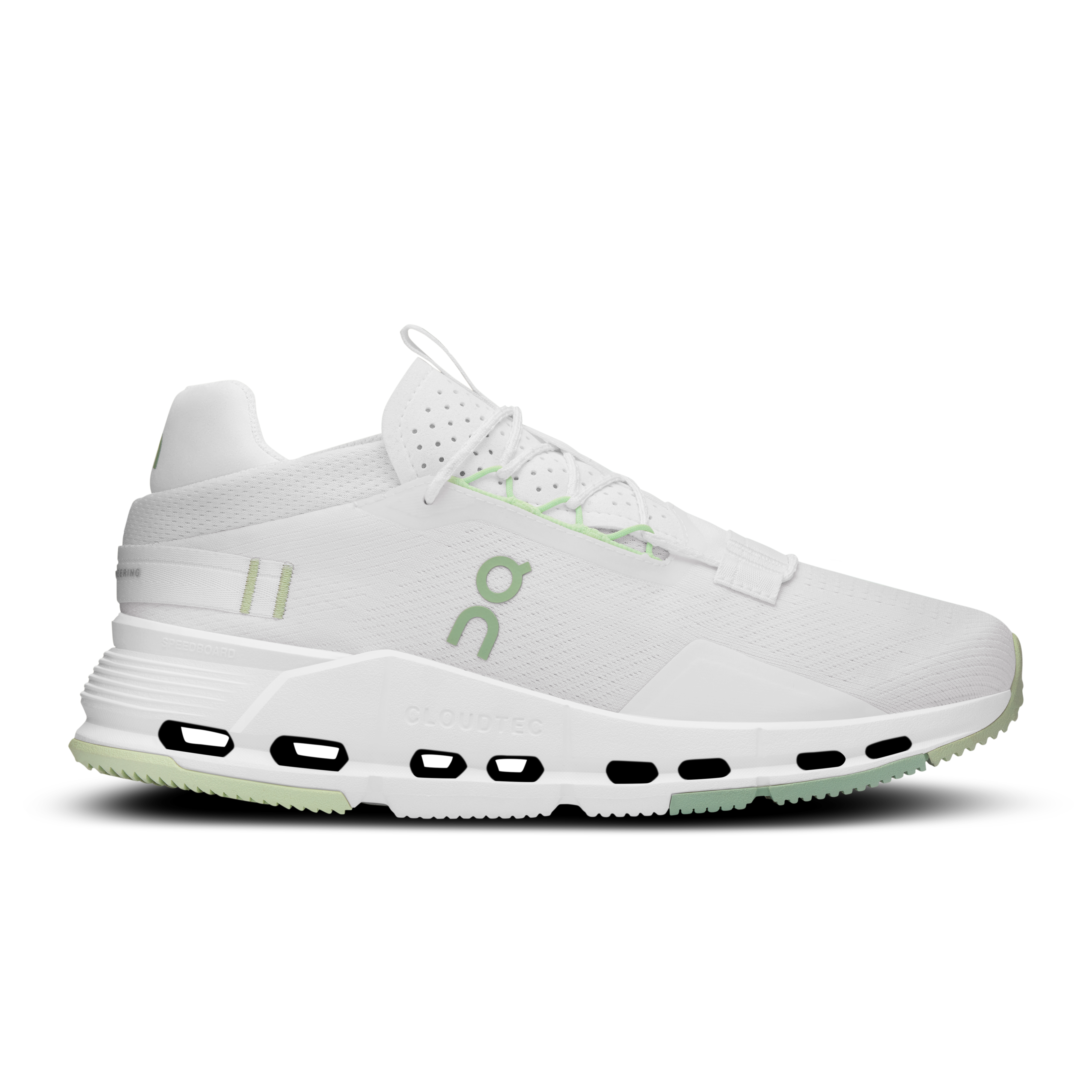 Side view on white background of Womens On Cloudnova 2 running shoe in White/Sage, Medium (Regular) width