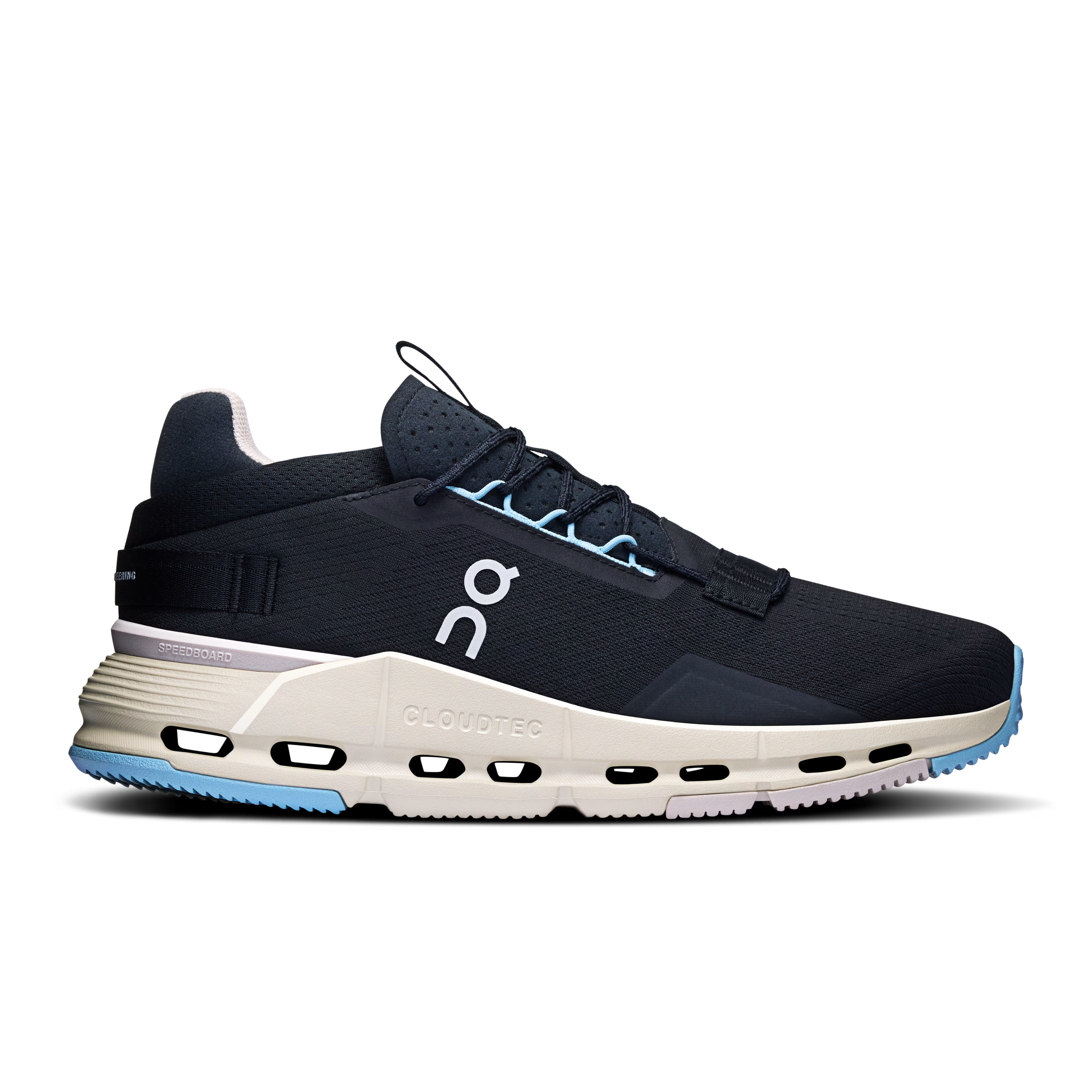Side view on white background of Womens On Cloudnova 2 running shoe in Black/Wash, Medium (Regular) width