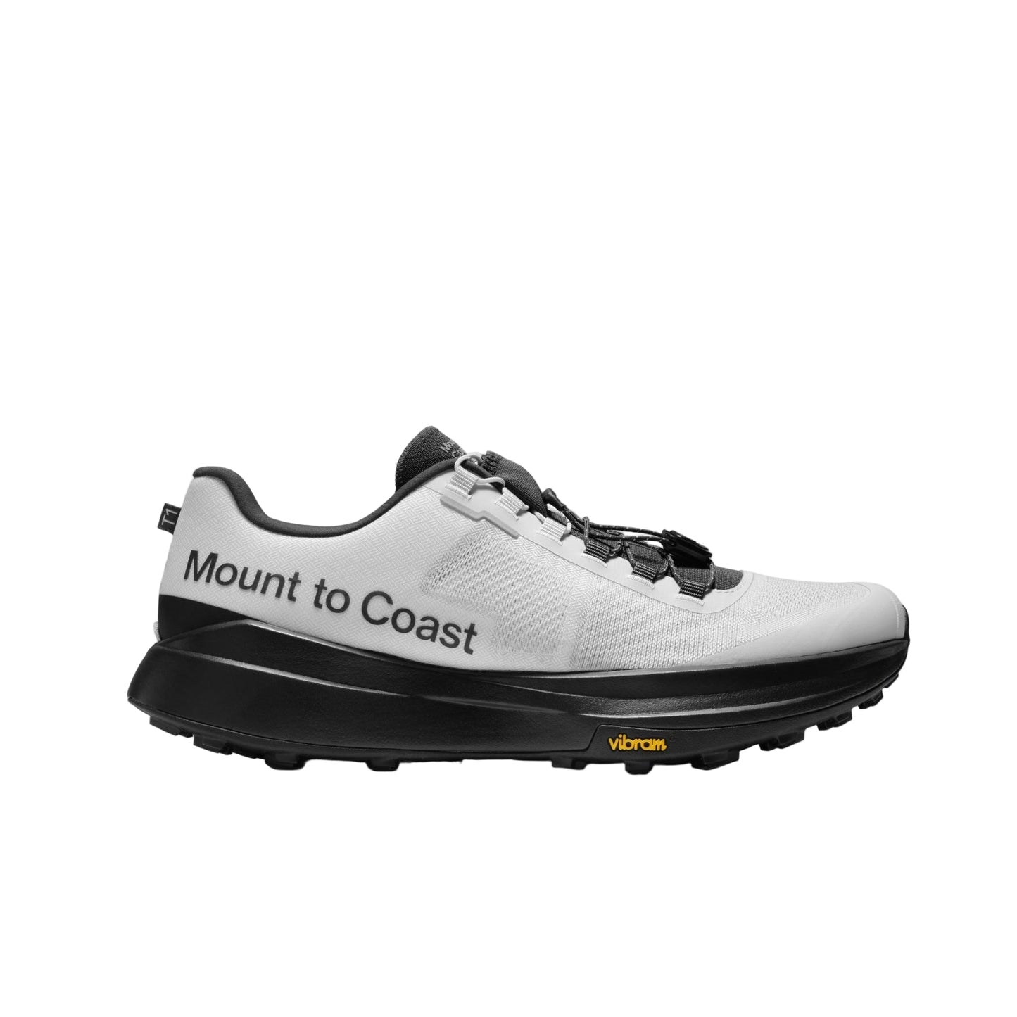 Side view on white background of Womens Mount To Coast T1 running shoe in Tephra, Medium (Regular) width