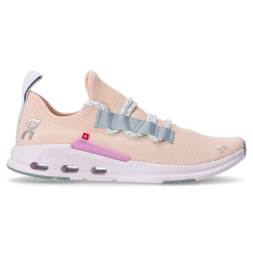 Side view on white background of Womens On Cloudeasy running shoe in Fawn/Surf, Medium (Regular) width