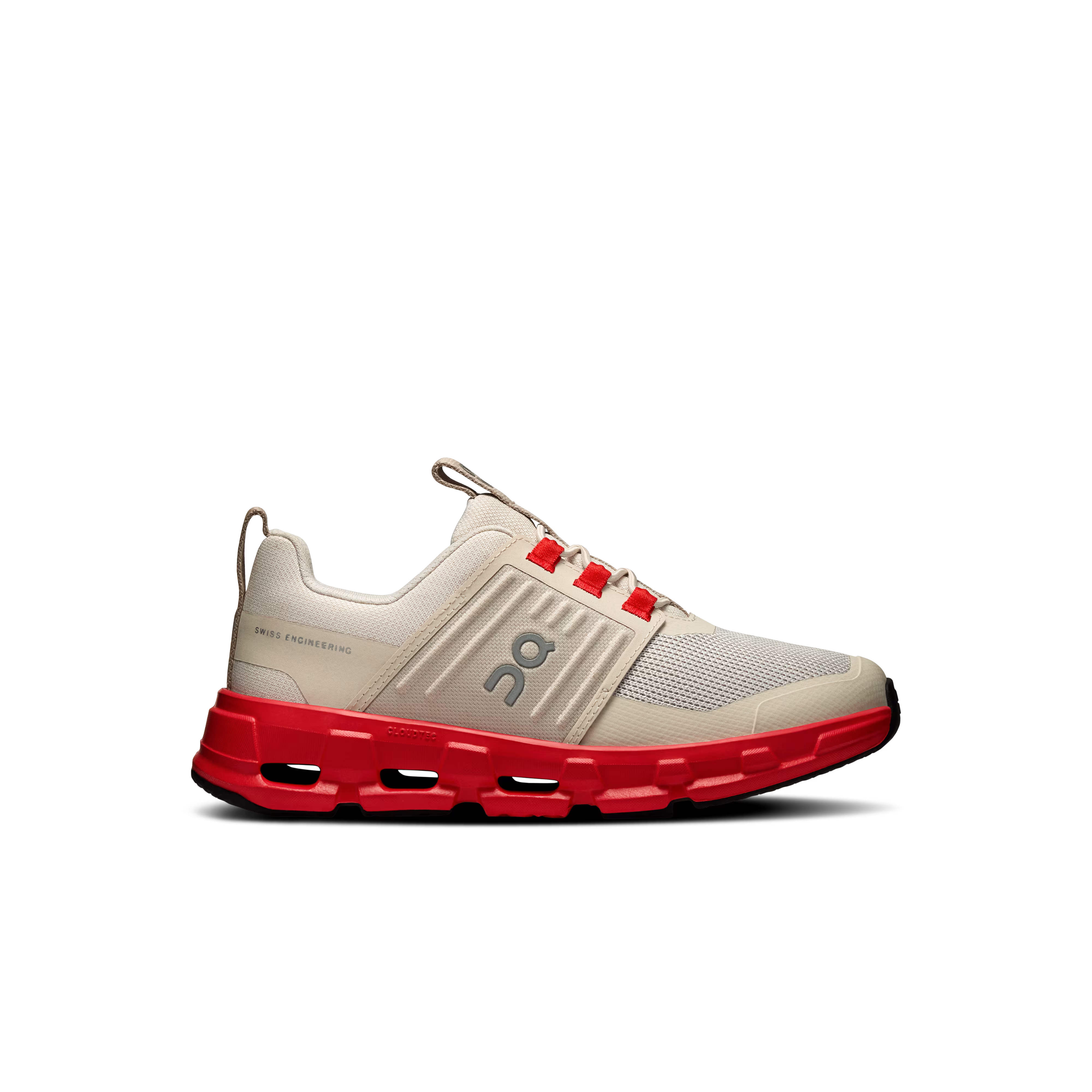 Side view on white background of Kids On Cloudswift running shoe in Desert/Red, Medium (Regular) width