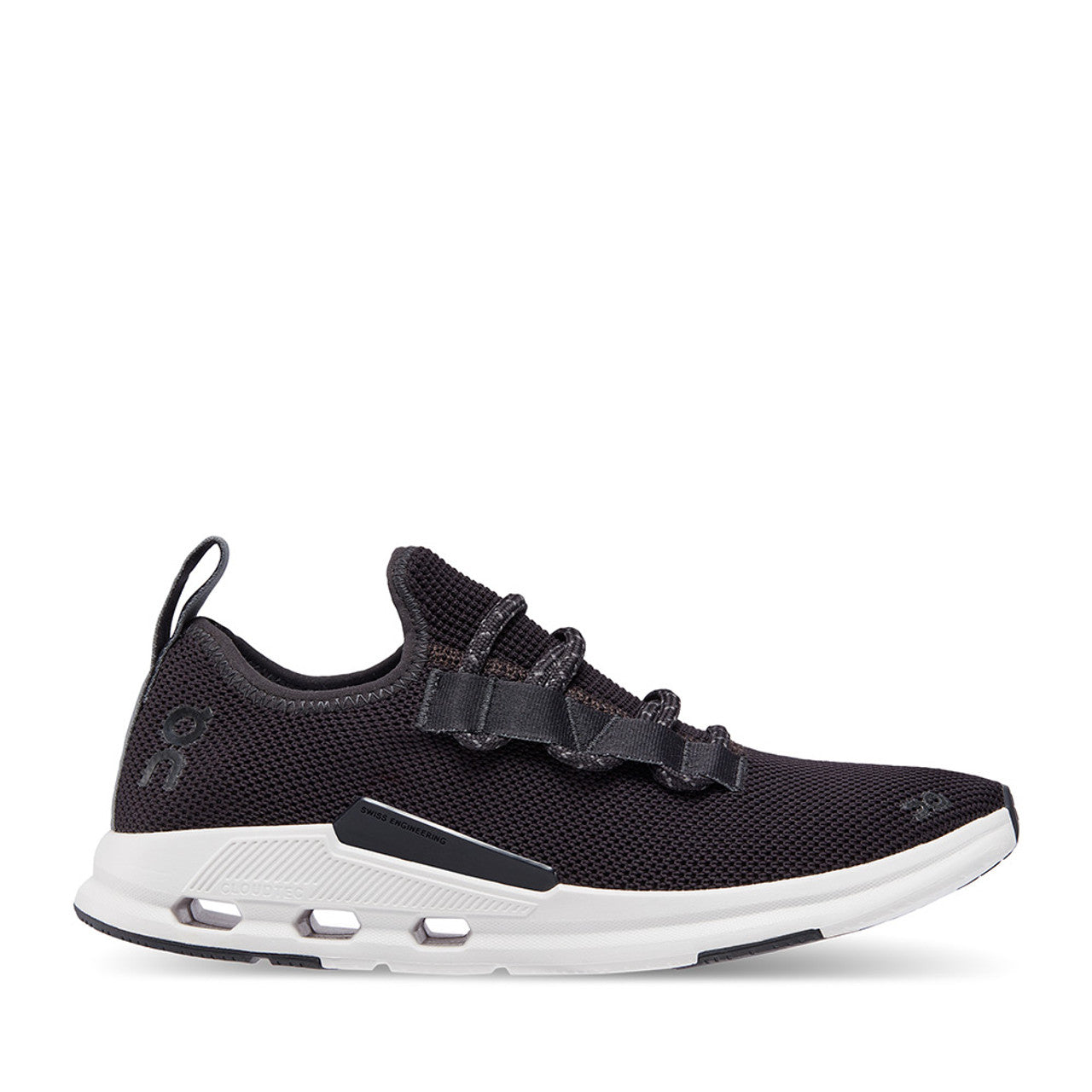 Side view on white background of Mens On Cloudeasy running shoe in Black/Rock, Medium (Regular) width