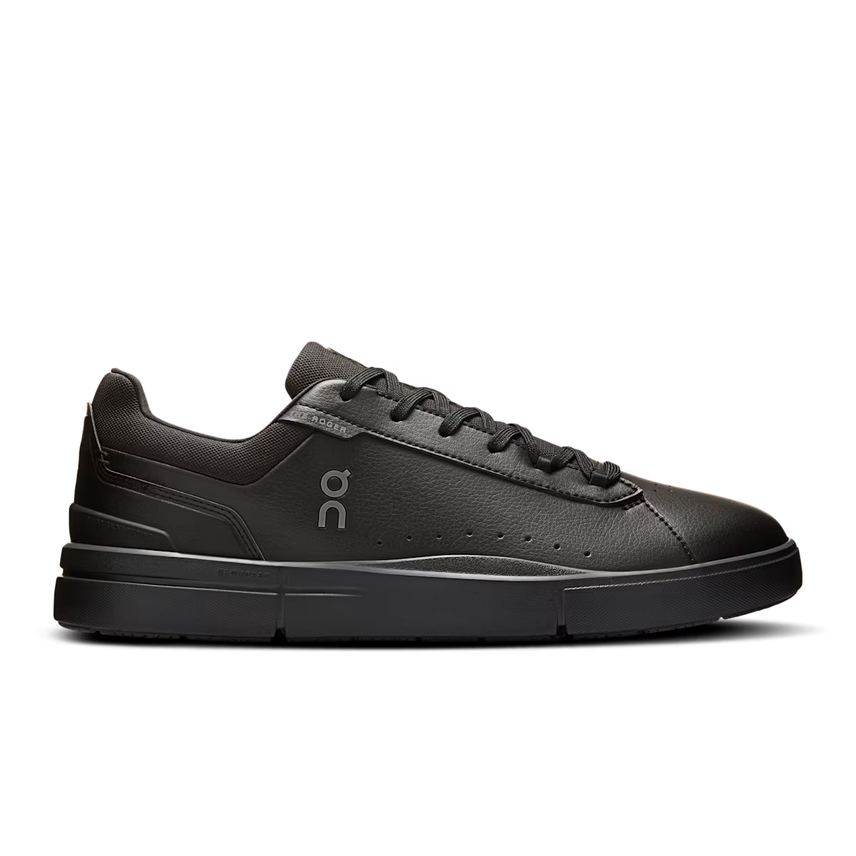 Side view on white background of Mens On The Roger Advantage running shoe in Black/Black, Medium (Regular) width