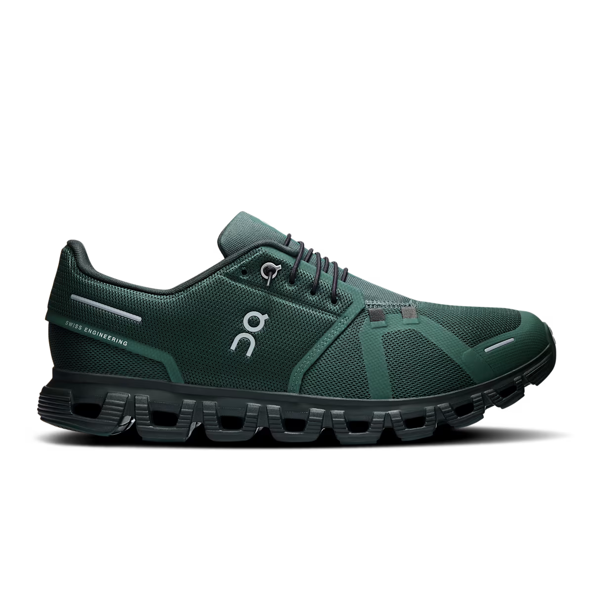 Side view on white background of Mens On Cloud 6 running shoe in Evergreen/Black, Medium (Regular) width