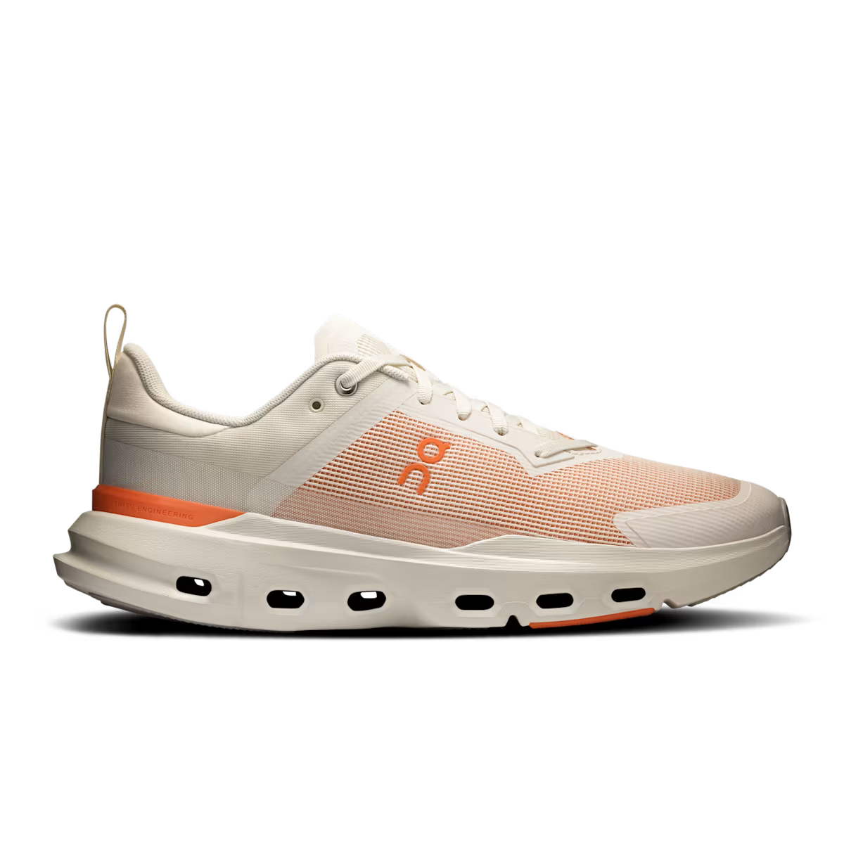Side view on white background of Mens On Cloudpulse Next running shoe in Ice/Flame, Medium (Regular) width