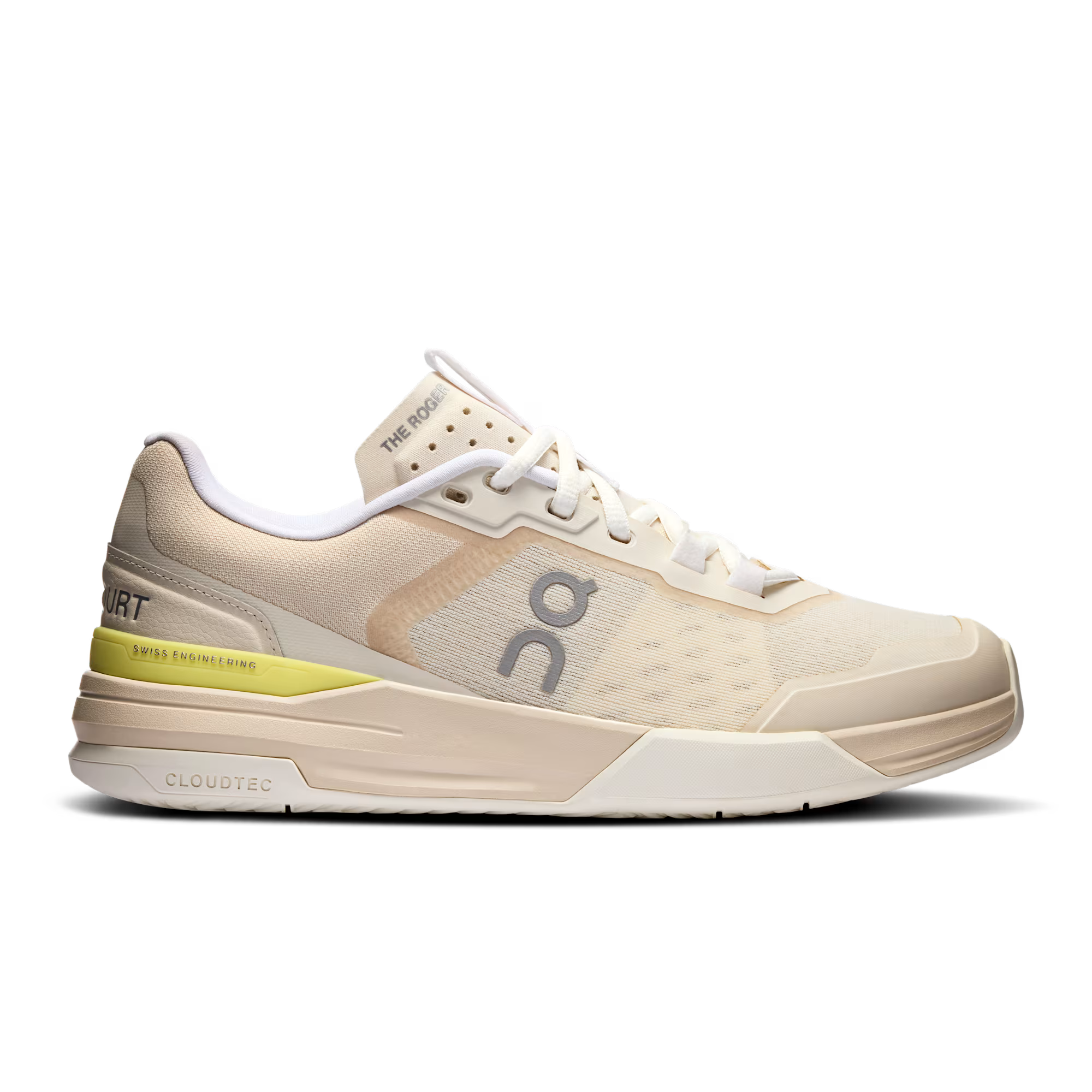 Side view on white background of Womens On The Roger Advantage Pro running shoe in Cream/Limelight, Medium (Regular) width