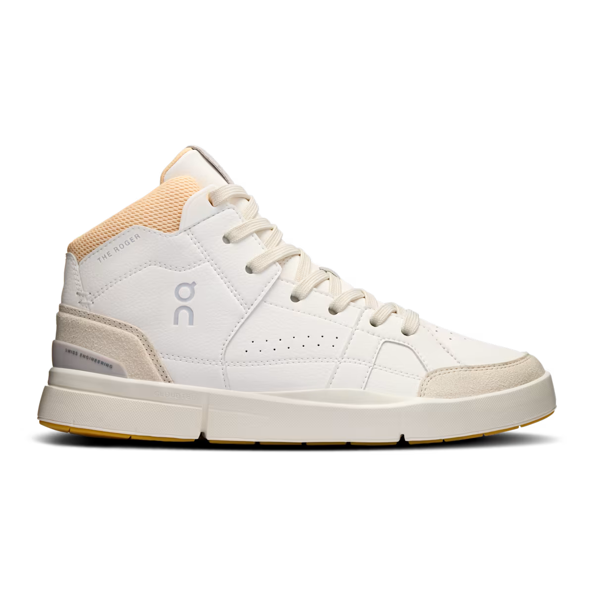 Side view on white background of Womens On The Roger Clubhouse Mid 2 running shoe in White/Blonde, Medium (Regular) width
