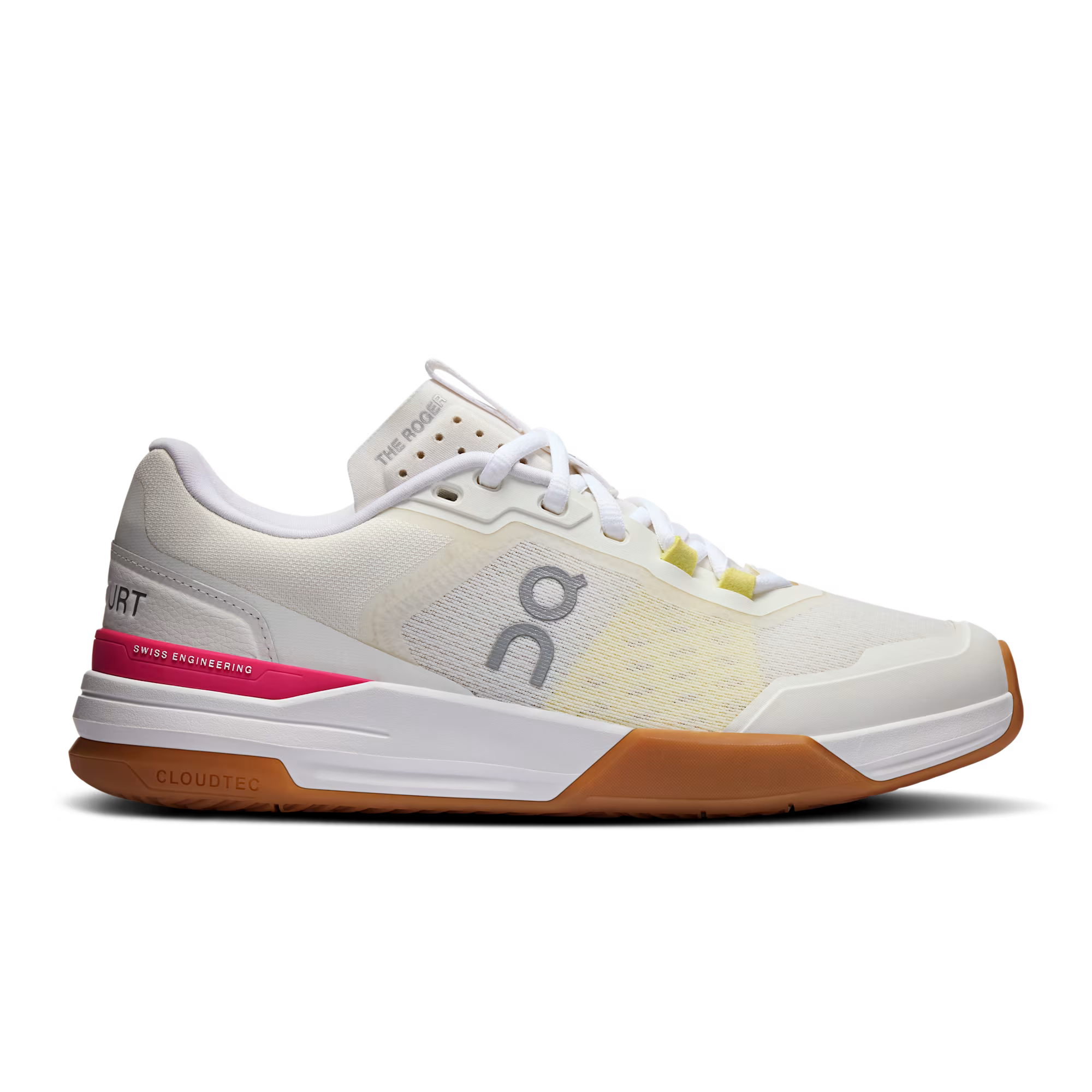 Side view on white background of Womens On The Roger Advantage Pro running shoe in Ivory/Pink, Medium (Regular) width