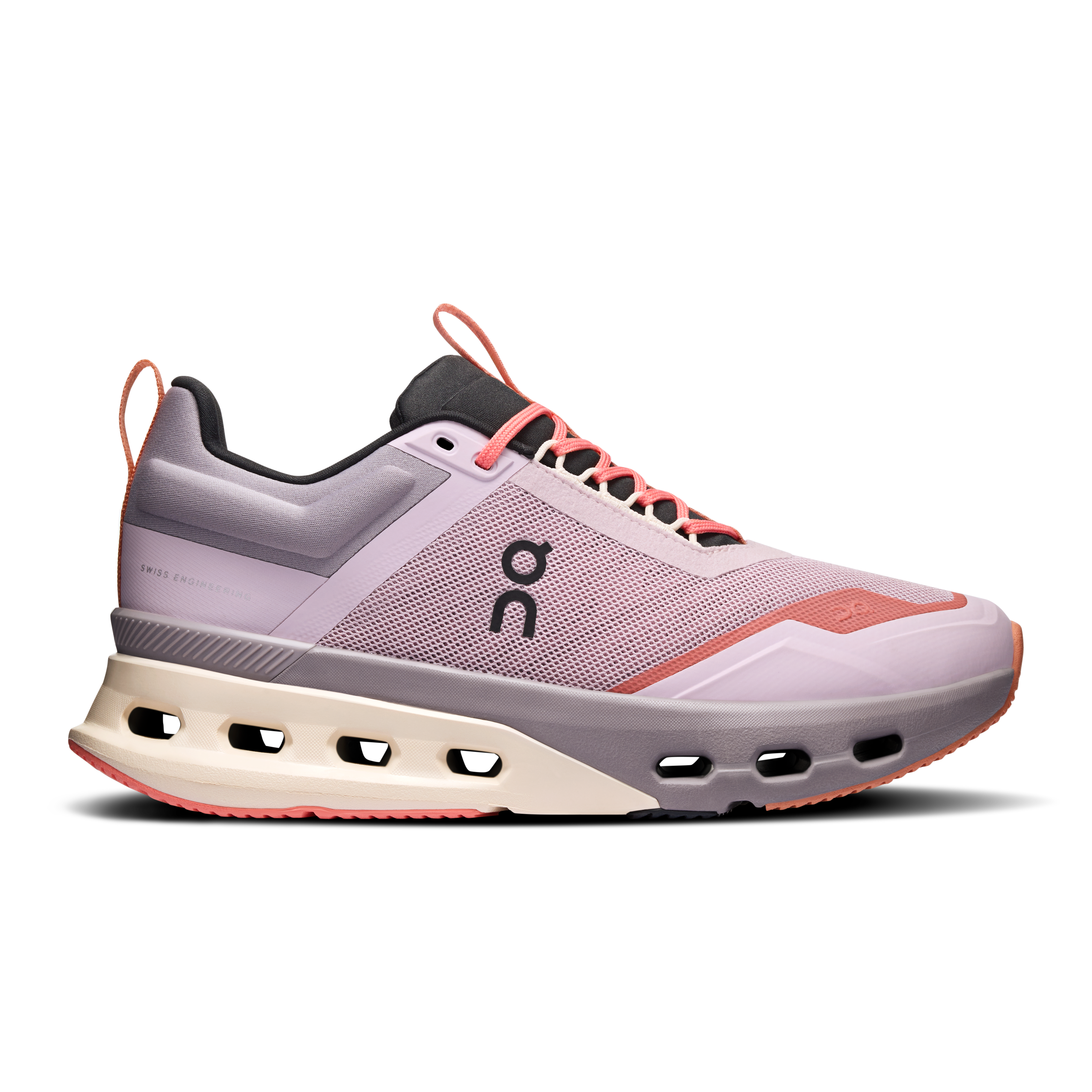 Side view on white background of Womens On Cloudnova X running shoe in Mauve/Dew, Medium (Regular) width