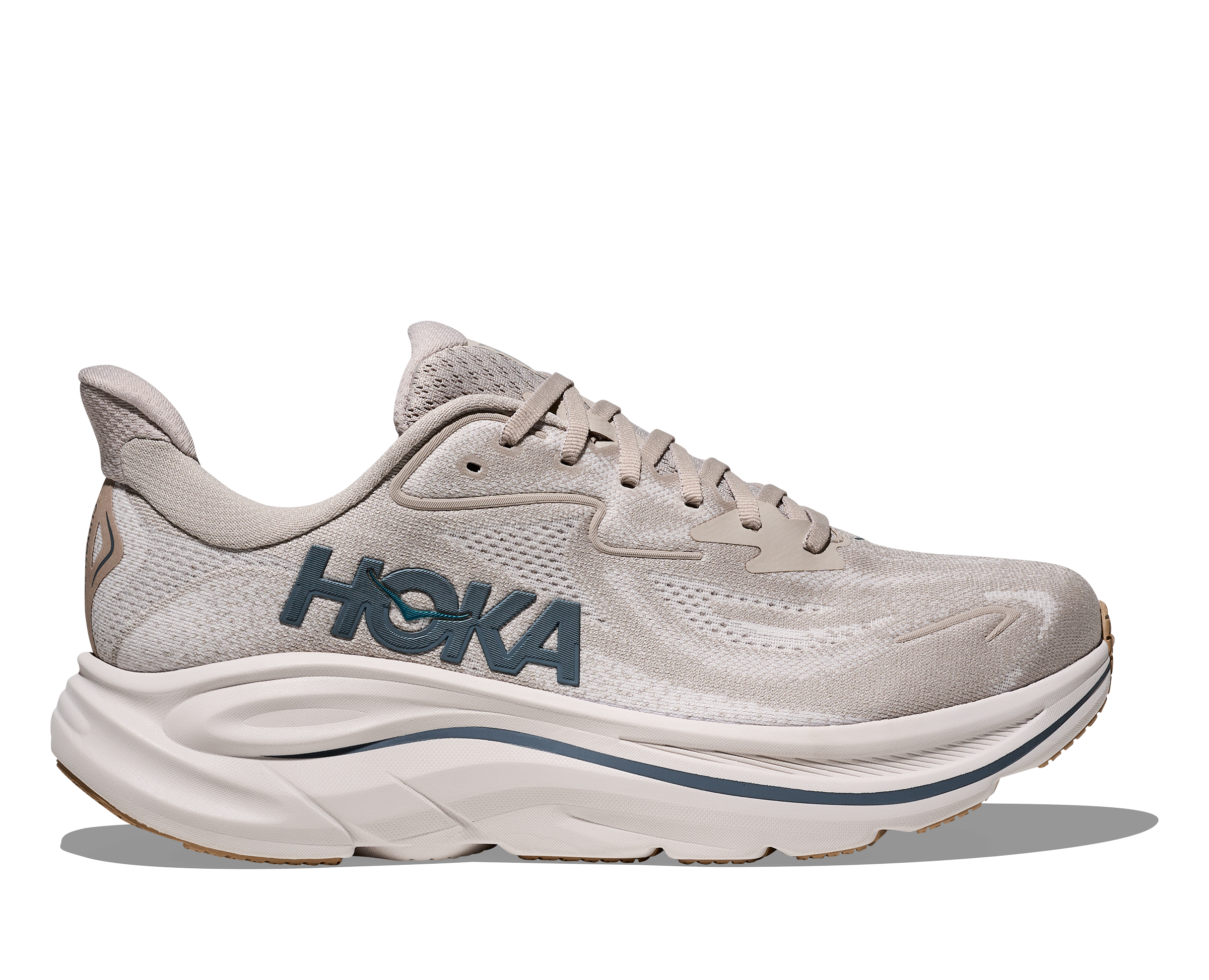 Side view on white background of Mens Hoka Clifton 10 running shoe in Putty/Grout, Wide width