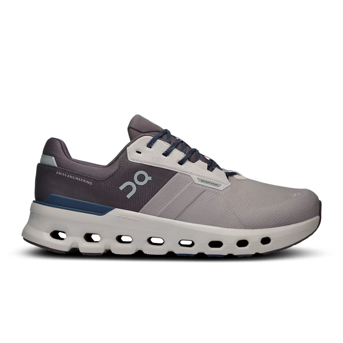 Side view on white background of Mens On Cloudrunner 2 Waterproof running shoe in Zinc/Midnight, Medium (Regular) width