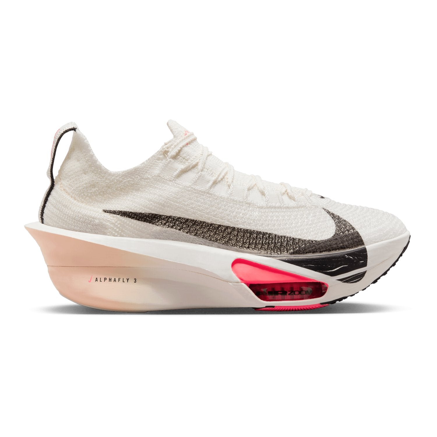Side view on white background of Womens Nike Air Zoom Alphafly NEXT% 3 running shoe in Sail/Black-Crimson Tint, Medium (Regular) width