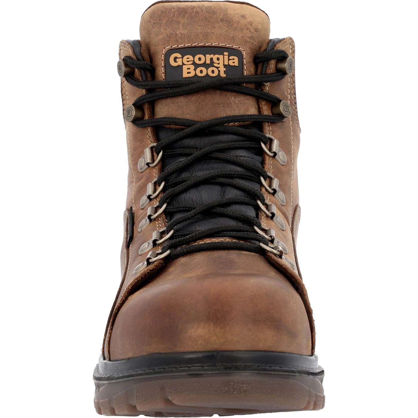 Side view on white background of Mens Georgia Boot 6" Steel Toe Work Boot running shoe in Brown, Wide width