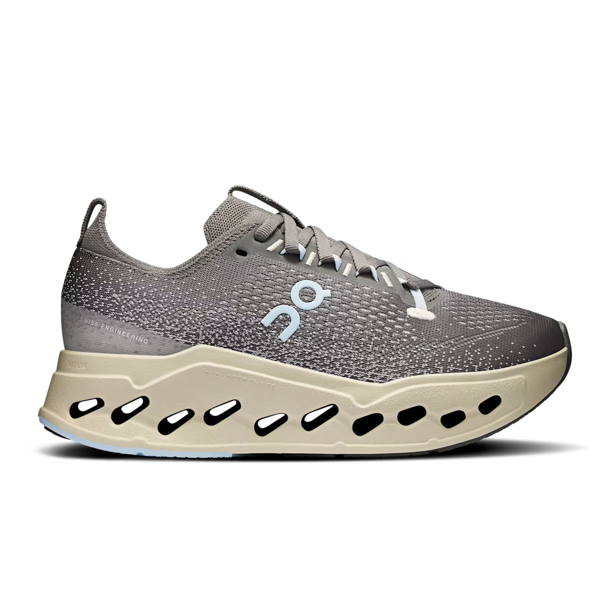 Side view on white background of Womens On Cloudsurfer Max running shoe in Asphalt/Ice, Medium (Regular) width
