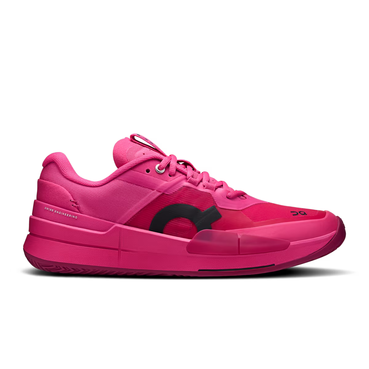 Side view on white background of Womens On The Roger Pro 2 running shoe in Pink/Grenadine, Medium (Regular) width