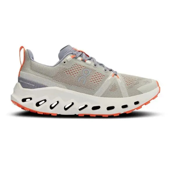 Side view on white background of Womens On Cloudsurfer Trail running shoe in Fossil/Ivory, Medium (Regular) width