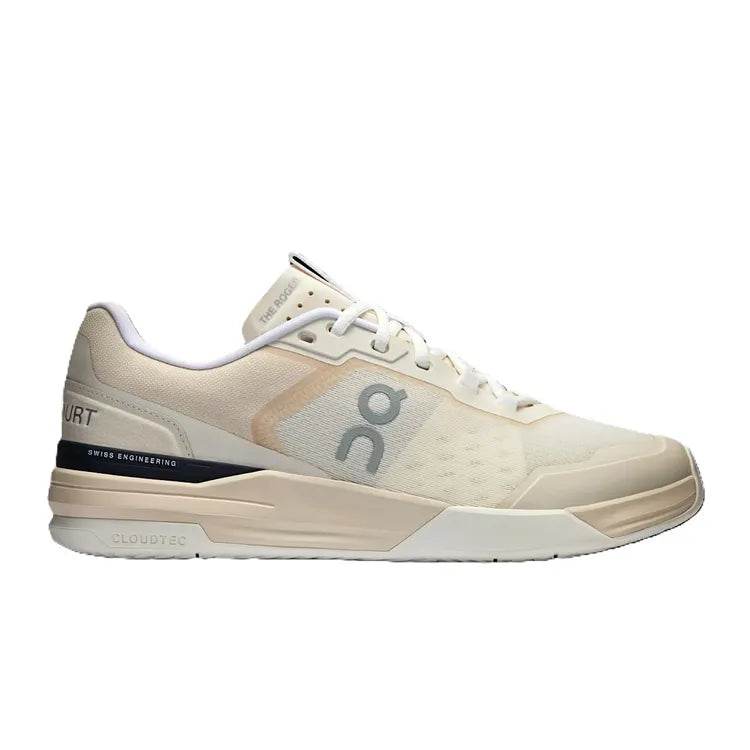 Side view on white background of Mens On The Roger Advantage Pro running shoe in Cream/Black, Medium (Regular) width