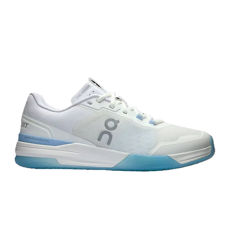 Side view on white background of Womens On The Roger Advantage Pro running shoe in White/Chambray, Medium (Regular) width