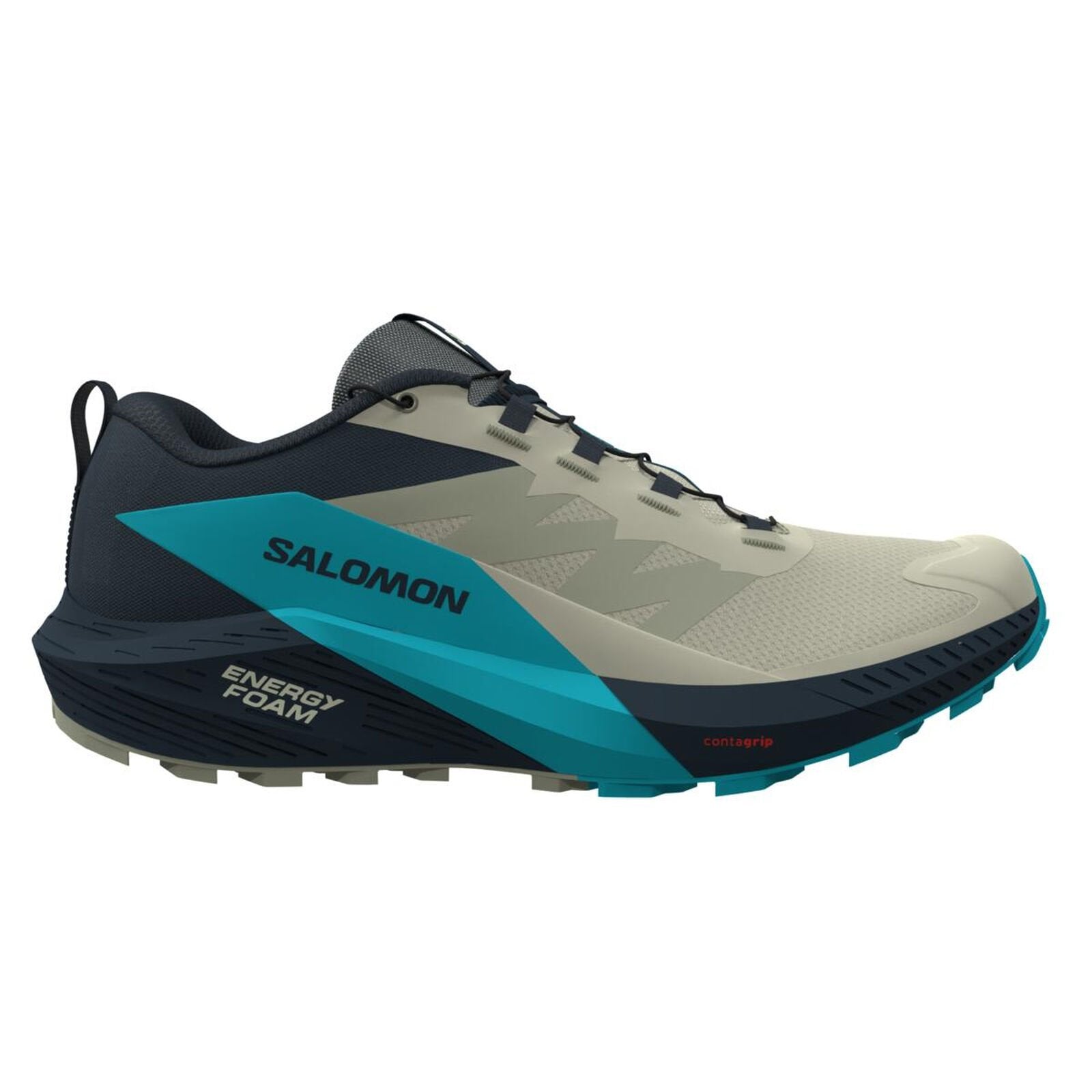 Side view on white background of Mens Salomon Sense Ride 5 running shoe in Alfalfa/Carbon/Peacock Blue, Medium (Regular) width